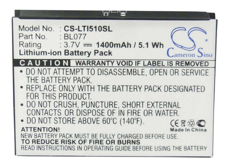 3.7V, Li-ion, 1400mAh, SmartPhone battery fits Lenovo, Bl077, I510, 5.18Wh Mobile, SmartPhone Cameron Sino Technology Limited (Suspended)