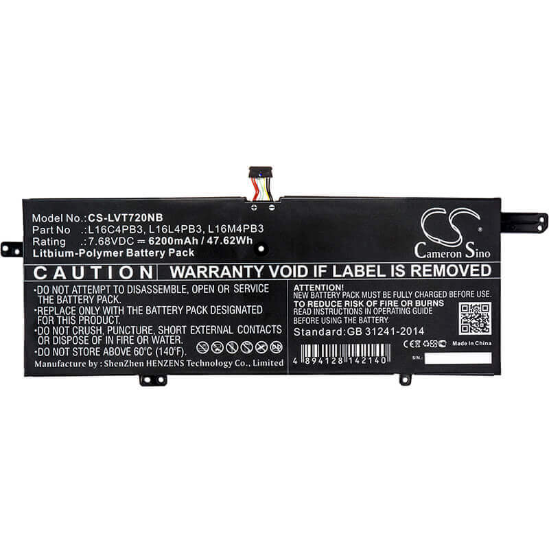 Notebook battery For Lenovo, Ideapad 720s, Ideapad 720s-13, 6200mah - 47.62wh Notebook, Laptop Cameron Sino Technology Limited   
