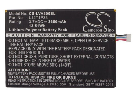 3.7V, Li-Polymer, 3650mAh, Tablet battery fits Lenovo, L12d1p31, Ideapad A1000l-f60041, Ideapad A1010, 13.51Wh Tablet Cameron Sino Technology Limited