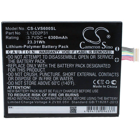 3.7V, Li-Polymer, 6300mAh, Tablet battery fits Lenovo, L11c2p31, Ideapad S2110a, Ideatab S2110, 23.31Wh Tablet Cameron Sino Technology Limited