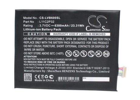 3.7V, Li-Polymer, 6300mAh, Tablet battery fits Lenovo, L11c2p32, A7600, Ideapad A10-70, 23.31Wh Tablet Cameron Sino Technology Limited