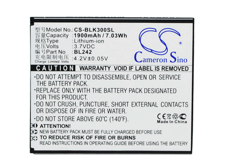 3.7V, Li-ion, 1900mAh, SmartPhone battery fits Lenovo, Bl242, A6000, A6000 Dual Sim, 7.03Wh Mobile, SmartPhone Cameron Sino Technology Limited (Smartphone)