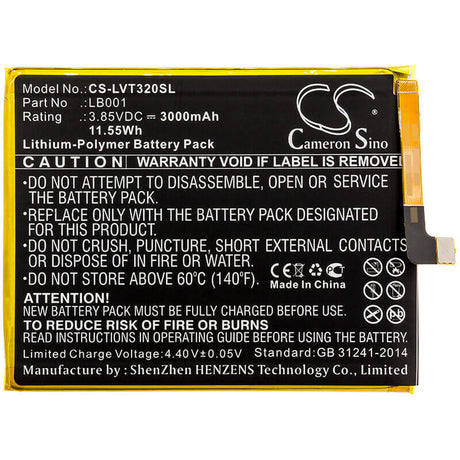 3.85V, Li-Polymer, 3000mAh, SmartPhone battery fits Lenovo, Lb001, K320t, Paby0001cn, 11.55Wh Mobile, SmartPhone Cameron Sino Technology Limited (Smartphone)