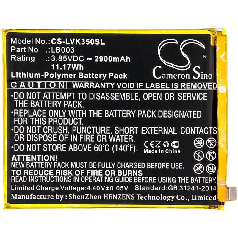 3.85V, Li-Polymer, 2900mAh, SmartPhone battery fits Lenovo, Lb003, K350t, K5, 11.17Wh Mobile, SmartPhone Cameron Sino Technology Limited (Smartphone)