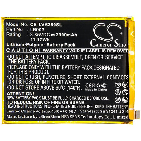 3.85V, Li-Polymer, 2900mAh, SmartPhone battery fits Lenovo, Lb003, K350t, K5, 11.17Wh Mobile, SmartPhone Cameron Sino Technology Limited (Smartphone)