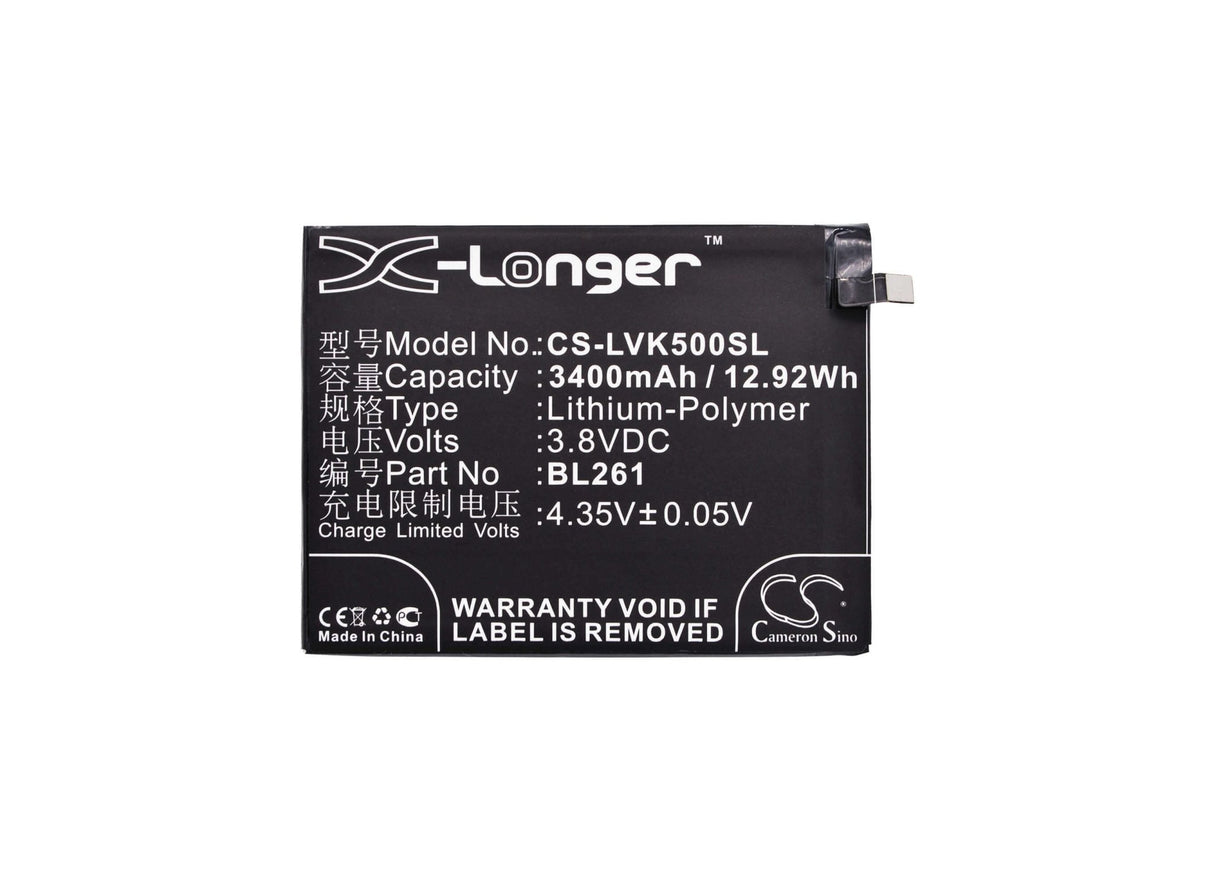 3.8V, Li-Polymer, 3400mAh, SmartPhone battery fits Lenovo, Bl261, A7020a48, K5 Note, 12.92Wh Mobile, SmartPhone Cameron Sino Technology Limited (Smartphone)