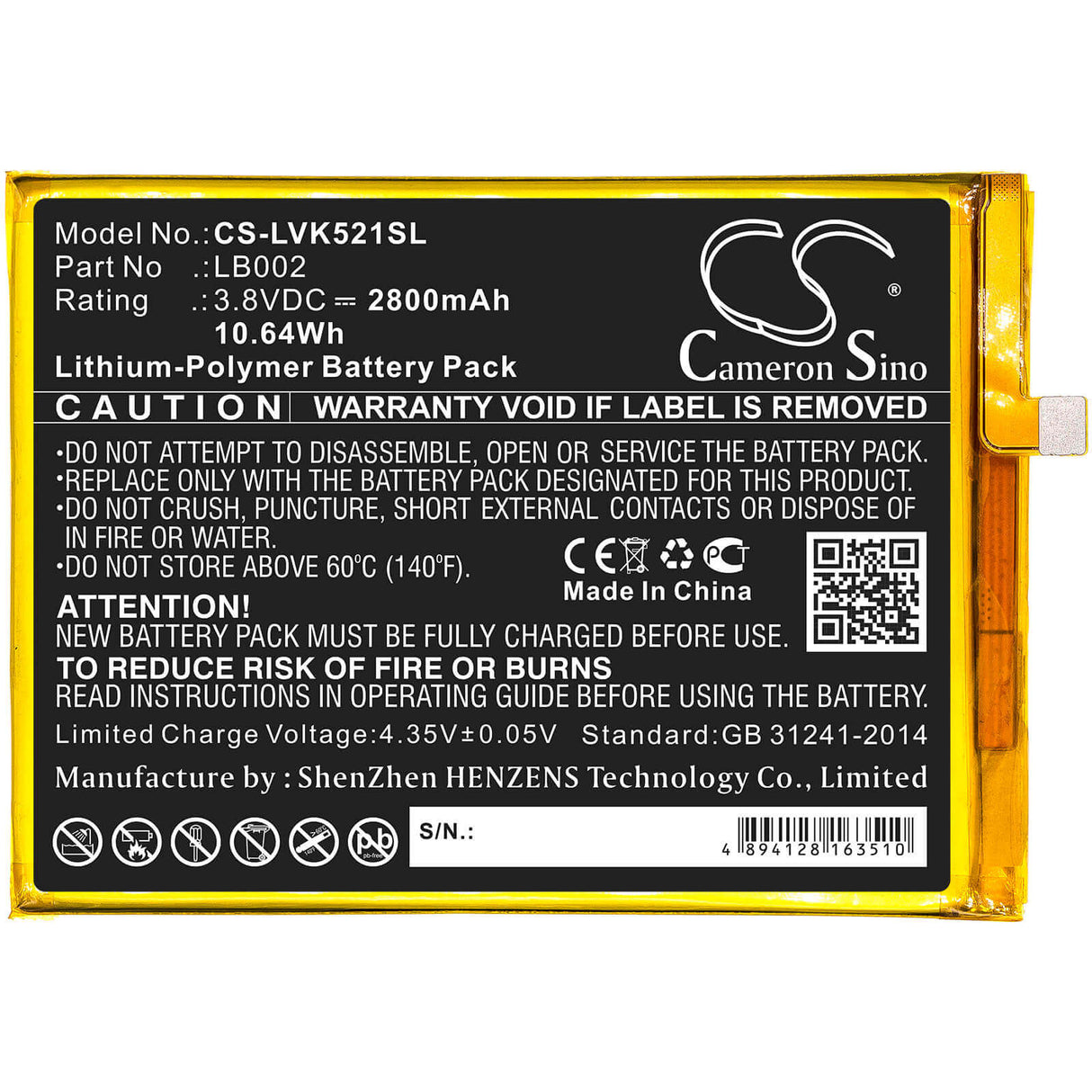 3.8V, Li-Polymer, 2800mAh, SmartPhone battery fits Lenovo, Lb002, K520, K520t Pro, 10.64Wh Mobile, SmartPhone Cameron Sino Technology Limited (Smartphone)