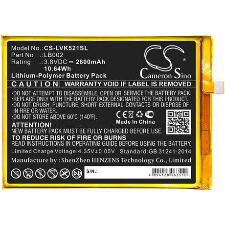 3.8V, Li-Polymer, 2800mAh, SmartPhone battery fits Lenovo, Lb002, K520, K520t Pro, 10.64Wh Mobile, SmartPhone Cameron Sino Technology Limited (Smartphone)