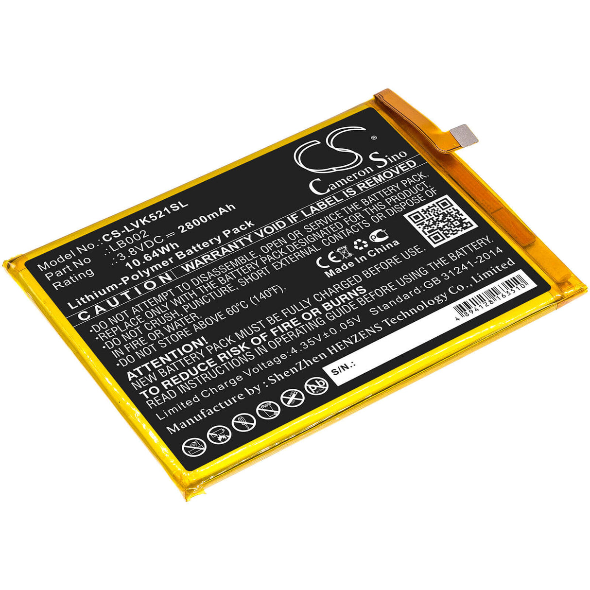 3.8V, Li-Polymer, 2800mAh, SmartPhone battery fits Lenovo, Lb002, K520, K520t Pro, 10.64Wh Mobile, SmartPhone Cameron Sino Technology Limited (Smartphone)