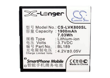 3.7V, Li-ion, 1900mAh, SmartPhone battery fits Lenovo, Bl189, K800, 7.03Wh Mobile, SmartPhone Cameron Sino Technology Limited (Smartphone)