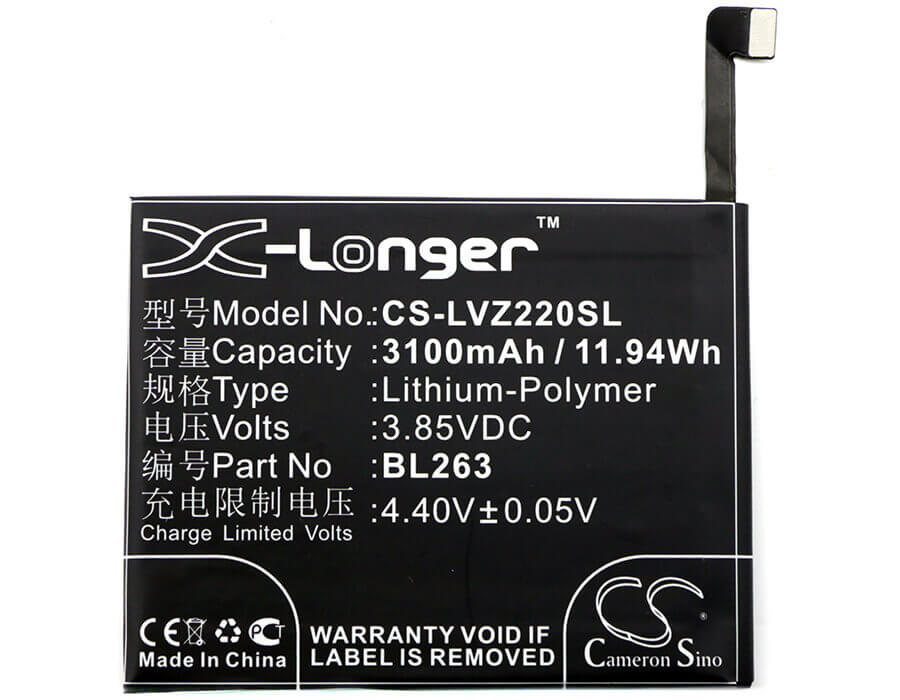 3.85V, Li-Polymer, 3100mAh, SmartPhone battery fits Lenovo, Zuk, Bl263, K80m, K920, 11.94Wh Mobile, SmartPhone Cameron Sino Technology Limited (Smartphone)