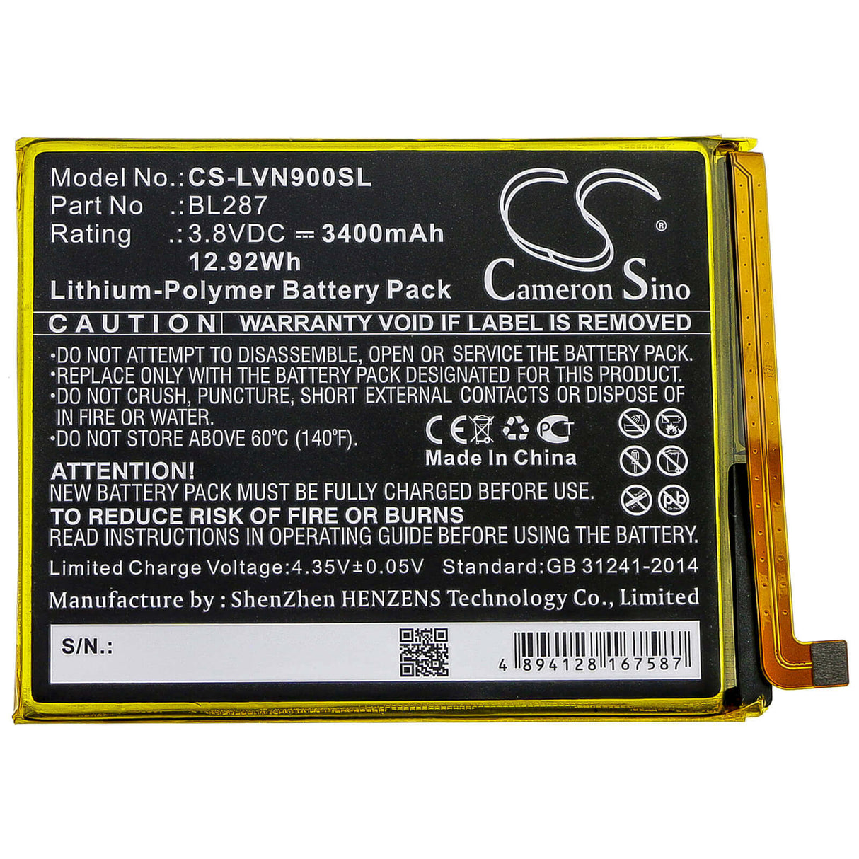 3.8V, Li-Polymer, 3400mAh, SmartPhone battery fits Lenovo, Bl287, K9 Note, 12.92Wh Mobile, SmartPhone Cameron Sino Technology Limited (Smartphone)