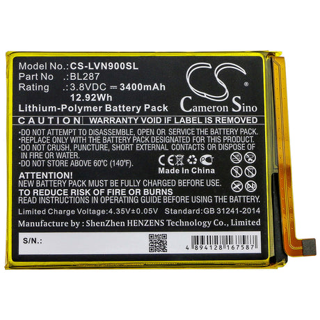 3.8V, Li-Polymer, 3400mAh, SmartPhone battery fits Lenovo, Bl287, K9 Note, 12.92Wh Mobile, SmartPhone Cameron Sino Technology Limited (Smartphone)
