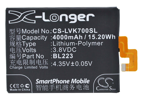 3.8V, Li-Polymer, 4000mAh, SmartPhone battery fits Lenovo, Bl223, K7, K920, 15.2Wh Mobile, SmartPhone Cameron Sino Technology Limited (Smartphone)