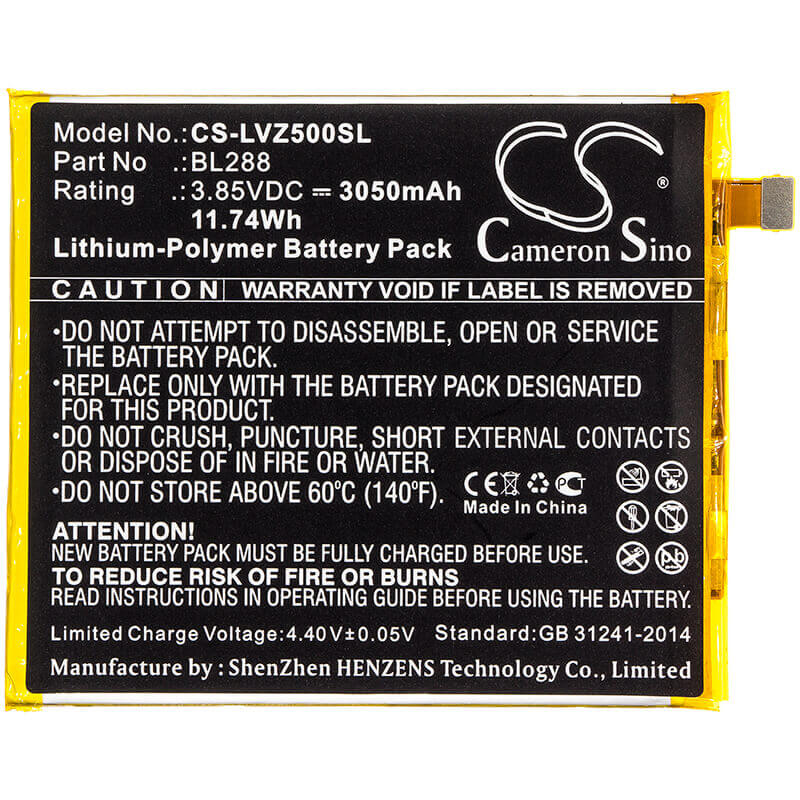 3.85V, Li-Polymer, 3050mAh, SmartPhone battery fits Lenovo, Bl288, L78011, L78012, 11.74Wh Mobile, SmartPhone Cameron Sino Technology Limited (Smartphone)