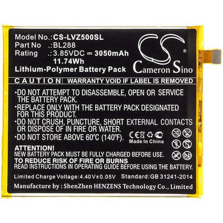 3.85V, Li-Polymer, 3050mAh, SmartPhone battery fits Lenovo, Bl288, L78011, L78012, 11.74Wh Mobile, SmartPhone Cameron Sino Technology Limited (Smartphone)
