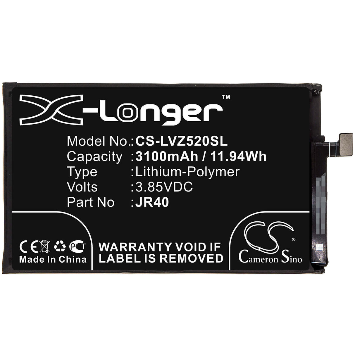 3.85V, Li-Polymer, 3100mAh, SmartPhone battery fits Lenovo, Jr40, L78031, L78032, 11.94Wh Mobile, SmartPhone Cameron Sino Technology Limited (Smartphone)