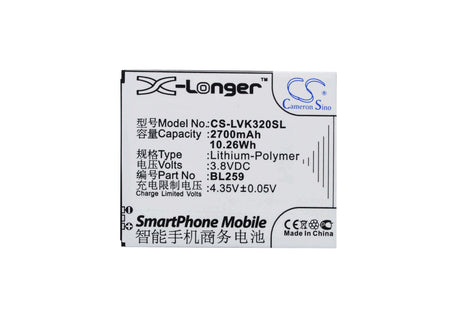 3.8V, Li-Polymer, 2700mAh, SmartPhone battery fits Lenovo, Bl259, K32c36, Lemon 3, 10.26Wh Mobile, SmartPhone Cameron Sino Technology Limited (Smartphone)