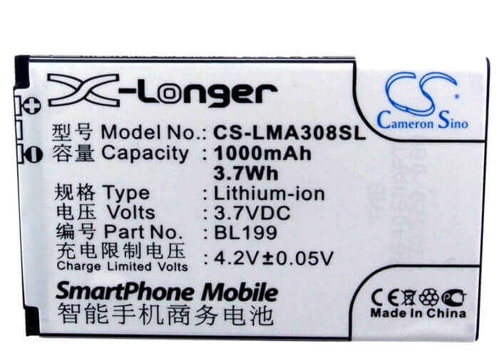 3.7V, Li-ion, 1000mAh, SmartPhone battery fits Lenovo, Bl199, Ma308, Ma309, 3.7Wh Mobile, SmartPhone Cameron Sino Technology Limited (Smartphone)