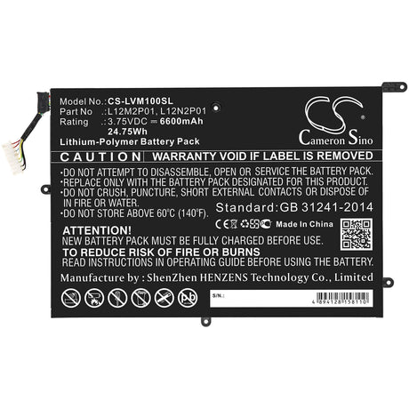 3.75V, Li-Polymer, 6600mAh, Tablet battery fits Lenovo, 121500184, Miix 10, Thinkpad Tablet 2 3679 - 10.1, 24.75Wh Tablet Cameron Sino Technology Limited