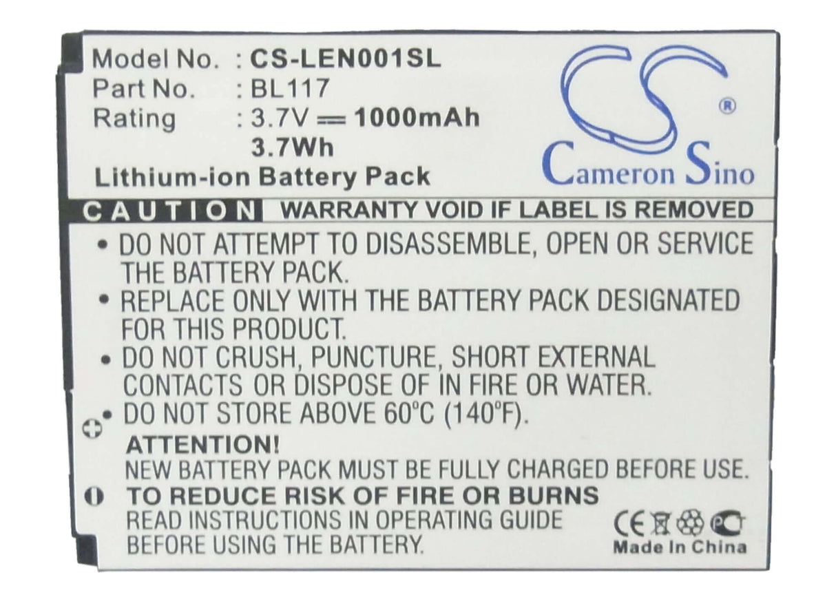 3.7V, Li-ion, 1000mAh, SmartPhone battery fits Lenovo, Bl117, O1, 3.7Wh Mobile, SmartPhone Cameron Sino Technology Limited (Suspended)