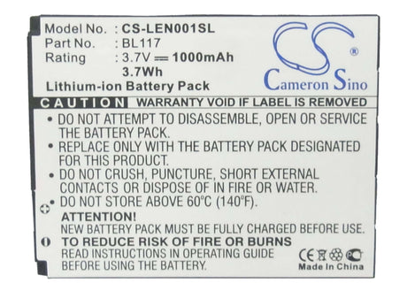 3.7V, Li-ion, 1000mAh, SmartPhone battery fits Lenovo, Bl117, O1, 3.7Wh Mobile, SmartPhone Cameron Sino Technology Limited (Suspended)