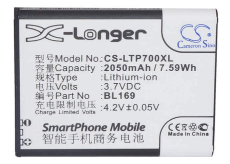 3.7V, Li-Polymer, 2050mAh, SmartPhone battery fits Lenovo, Bl169, A789, P70, 7.59Wh Mobile, SmartPhone Cameron Sino Technology Limited (Smartphone)