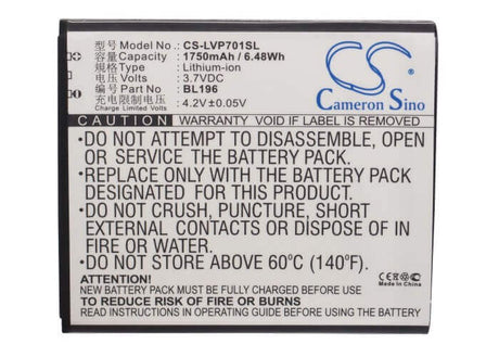 3.7V, Li-ion, 1750mAh, SmartPhone battery fits Lenovo, Bl196, P700, P700i, 6.48Wh Mobile, SmartPhone Cameron Sino Technology Limited (Suspended)