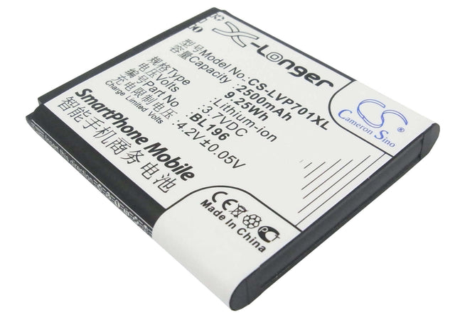 3.7V, Li-ion, 2500mAh, SmartPhone battery fits Lenovo, Bl196, P700, P700i, 9.25Wh Mobile, SmartPhone Cameron Sino Technology Limited (Smartphone)