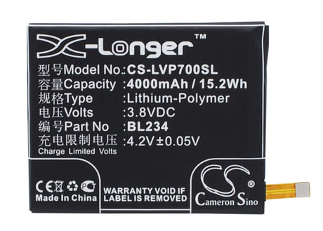 3.8V, Li-Polymer, 4000mAh, SmartPhone battery fits Lenovo, Bl234, A5000 Dual, P70t, 15.2Wh Mobile, SmartPhone Cameron Sino Technology Limited (Smartphone)