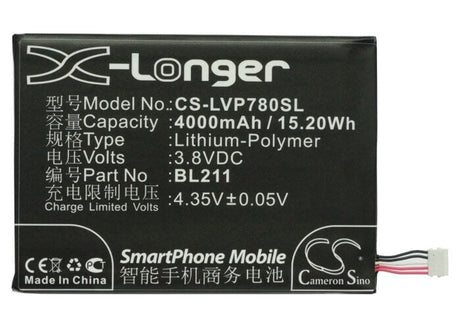 3.8V, Li-Polymer, 4000mAh, Mobile, SmartPhone battery fits Lenovo, Bl211, P780, 15.2Wh Mobile, SmartPhone Cameron Sino Technology Limited (Smartphone)