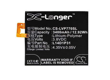 3.8V, Li-Polymer, 3400mAh, SmartPhone battery fits Lenovo, L14d1p31, Pb1-770n, Pb1-770n Dual Sim Td-lte, 12.92Wh Mobile, SmartPhone Cameron Sino Technology Limited (Smartphone)