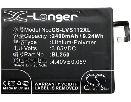 3.85V, Li-Polymer, 2400mAh, SmartPhone battery fits Lenovo, Bl250, S1a40, S1a40 Dual Sim Td-lte, 9.24Wh Mobile, SmartPhone Cameron Sino Technology Limited (Smartphone)