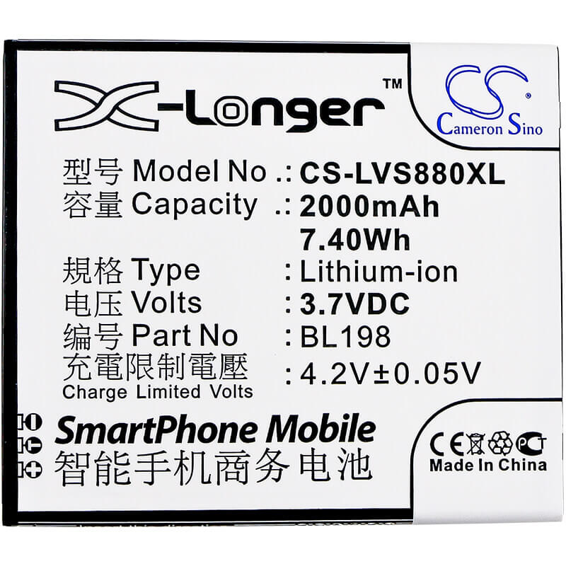 3.7V, Li-ion, 2000mAh, SmartPhone battery fits Lenovo, Bl198, A830, A850, 7.4Wh Mobile, SmartPhone Cameron Sino Technology Limited (Smartphone)