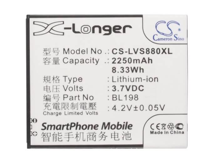 3.7V, Li-ion, 2000mAh, SmartPhone battery fits Lenovo, Bl198, A830, A850, 7.4Wh Mobile, SmartPhone Cameron Sino Technology Limited (Smartphone)