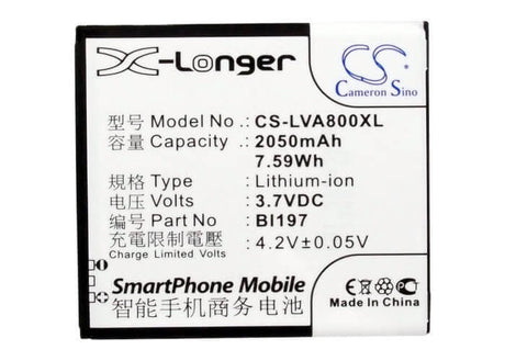 3.7V, Li-ion, 2050mAh, SmartPhone battery fits Lenovo, Bl197, A798t, A800, 7.59Wh Mobile, SmartPhone Cameron Sino Technology Limited (Smartphone)