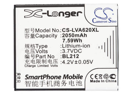 3.7V, Li-ion, 2050mAh, SmartPhone battery fits Lenovo, Bl212, A620t, A628t, 7.59Wh Mobile, SmartPhone Cameron Sino Technology Limited (Smartphone)