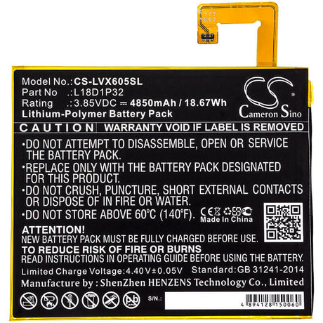3.85V, Li-Polymer, 4850mAh, Tablet battery fits Lenovo, L18d1p32, Smart Tab M10, Tb-x605f, 18.67Wh Tablet Cameron Sino Technology Limited