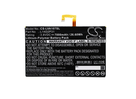 3.8V, Li-Polymer, 7000mAh, Tablet battery fits Lenovo, L14d2p31, A10-70, A10-70f, 26.60Wh Tablet Cameron Sino Technology Limited