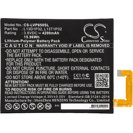 3.8V, Li-Polymer, 4200mAh, Tablet battery fits Lenovo, L13d1p32, Tab 2 A8-50, Tab 2 A8-50f, 15.96Wh Tablet Cameron Sino Technology Limited