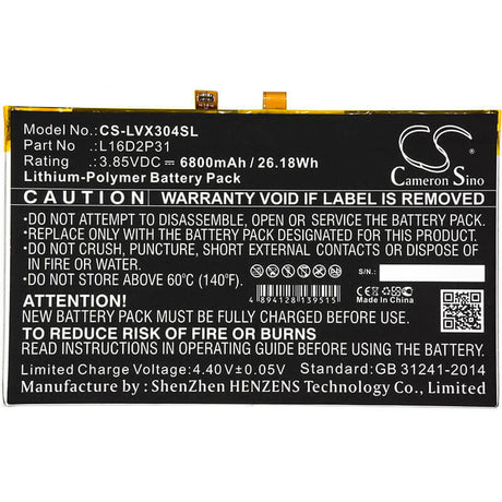 3.85V, Li-Polymer, 6800mAh, Tablet battery fits Lenovo, L16d2p31, Tab 4 10, Tab 4 10.1, 26.18Wh Tablet Cameron Sino Technology Limited