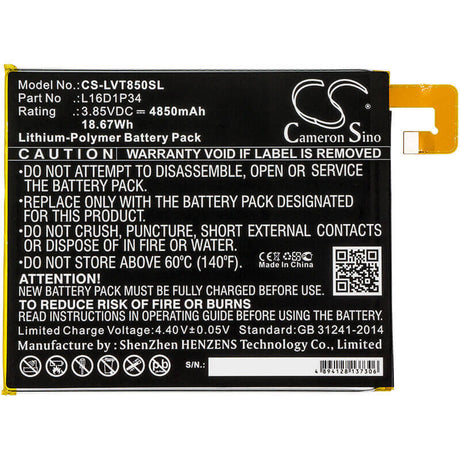 3.85V, Li-Polymer, 4850mAh, Tablet battery fits Lenovo, L16d1p34, Tab 4, Tab4, 18.67Wh Tablet Cameron Sino Technology Limited