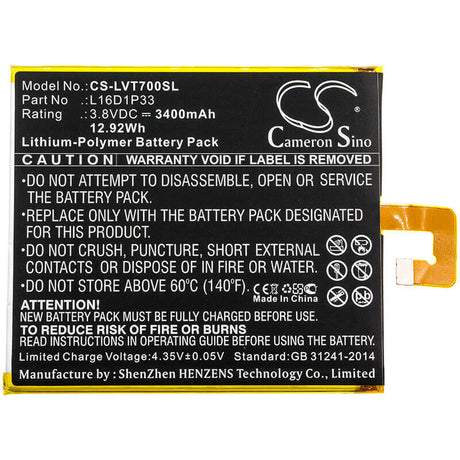 3.8V, Li-Polymer, 3400mAh, Tablet battery fits Lenovo, L16d1p33, Tab 7, Tb-7504f, 12.92Wh Tablet Cameron Sino Technology Limited
