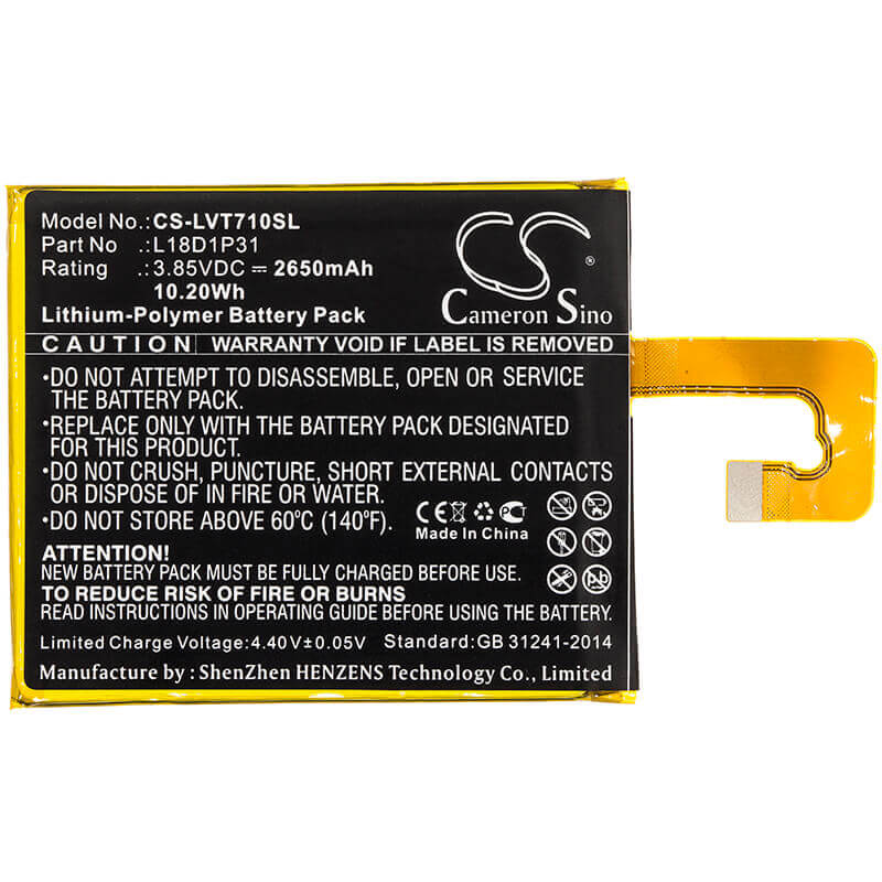 3.85V, Li-Polymer, 2650mAh, Tablet battery fits Lenovo, L18d1p31, Tab E7, Tb-7104f, 10.20Wh Tablet Cameron Sino Technology Limited