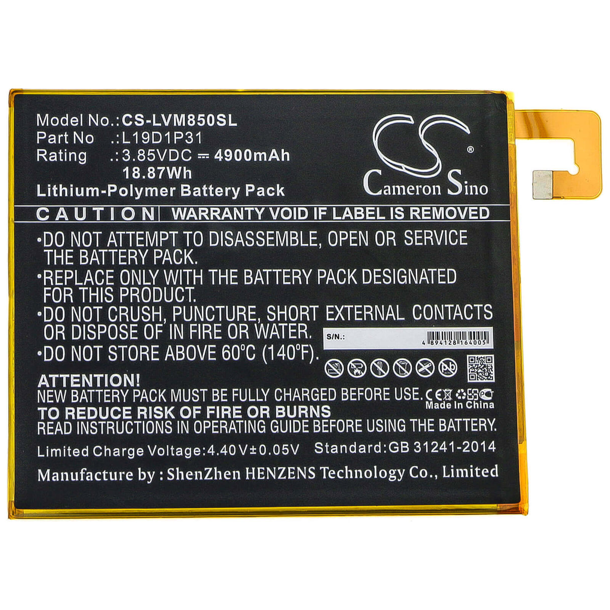 Tablet Battery For Lenovo, Tab M8, Tb8505f 3.85v, 4900mah - 18.87wh Tablet Cameron Sino Technology Limited