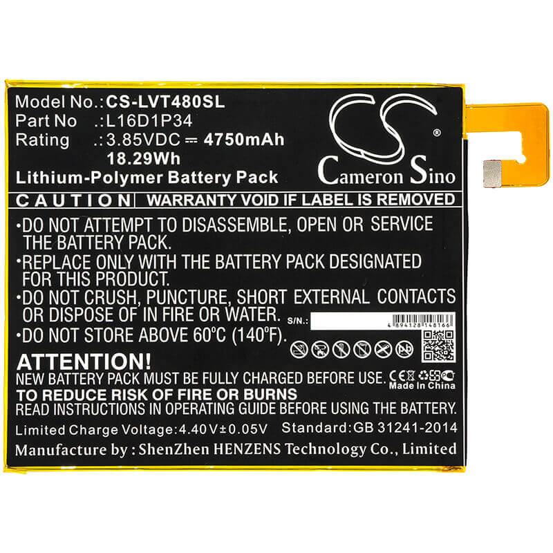 3.85V, Li-Polymer, 4750mAh, Tablet battery fits Lenovo, L16d1p34, Tab4 8, Tab4 8 Plus, 18.29Wh Tablet Cameron Sino Technology Limited