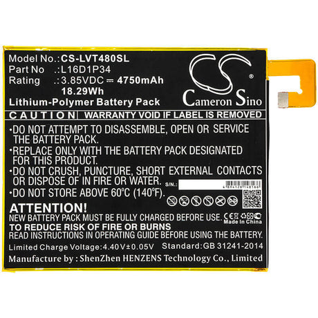 3.85V, Li-Polymer, 4750mAh, Tablet battery fits Lenovo, L16d1p34, Tab4 8, Tab4 8 Plus, 18.29Wh Tablet Cameron Sino Technology Limited