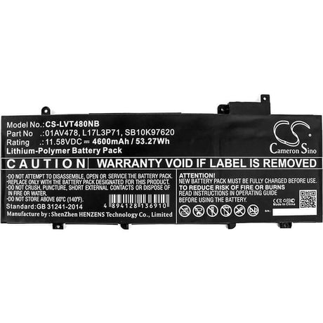 Notebook battery For Lenovo, Thinkpad T480s, Thinkpad T480s 20l7002lcd, Thinkpad T480s 20l7002xcd 11.58v, 4600mah - 53.27wh Notebook, Laptop Cameron Sino Technology Limited