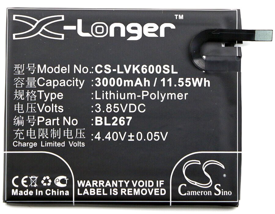3.85V, Li-Polymer, 3000mAh, SmartPhone battery fits Lenovo, Bl267, Vibe K6, 11.55Wh Mobile, SmartPhone Cameron Sino Technology Limited (Smartphone)