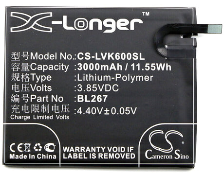 3.85V, Li-Polymer, 3000mAh, SmartPhone battery fits Lenovo, Bl267, Vibe K6, 11.55Wh Mobile, SmartPhone Cameron Sino Technology Limited (Smartphone)
